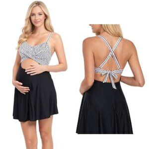 Large Maternity Black and White Stripe  Swimdress Bikini Bottom Built-In NWT